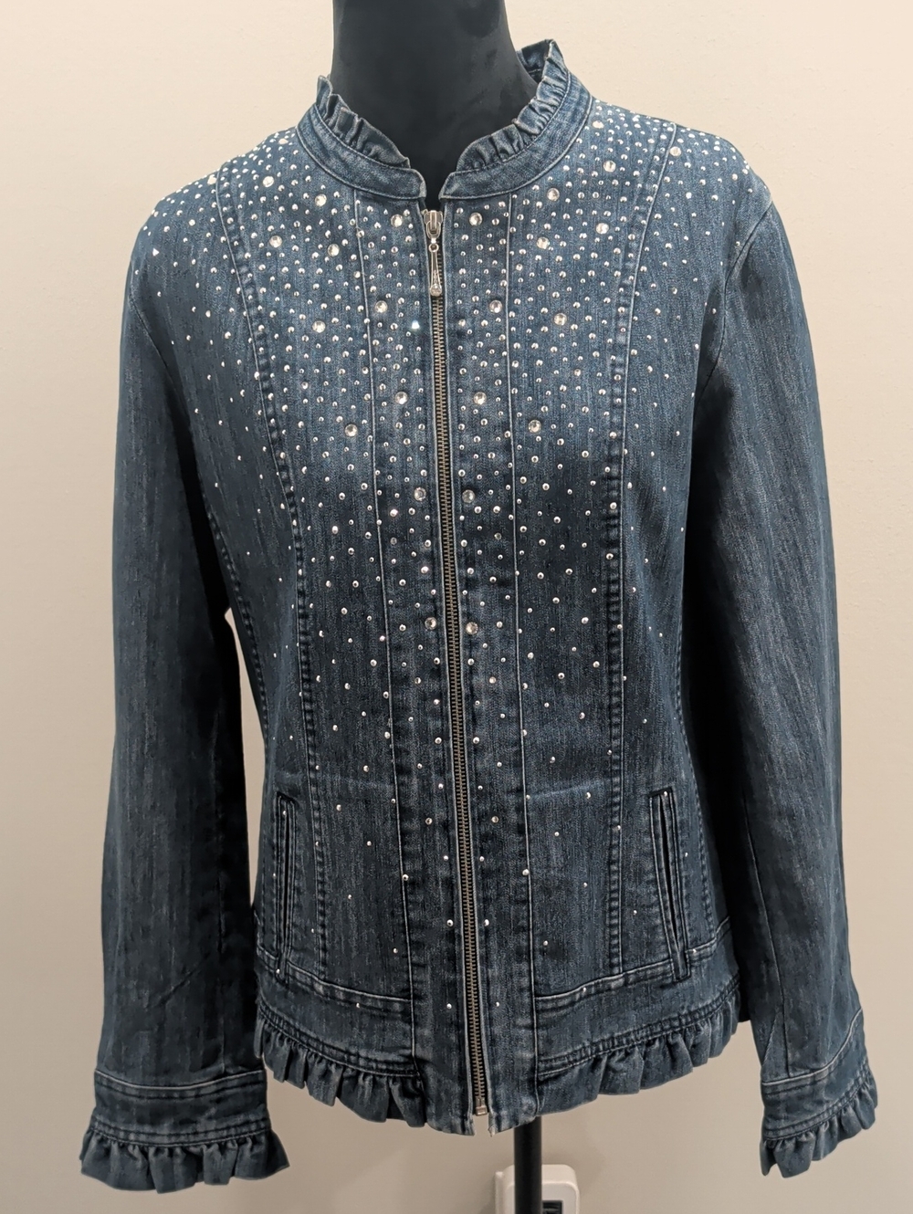 Christine Alexander Blue Denim Rhinestone Studded Zip Jacket with Ruffle Trim